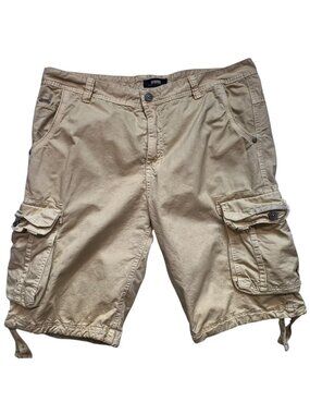 Ochenta Men's Cargo Shorts Flat Front Drawstring Hem Size 38 Khaki Multi Pockets
